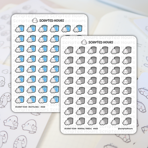 Planner stickers by Scripted Hours featuring two sheets of Blobby icon stickers on a light planner background, one sheet showing cute white Blobby characters with rosy cheeks next to bright blue recycling bins, and the other with Blobby characters next to grey normal trash cans