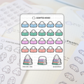 Sticker sheet by Scripted Hours titled "BOOK LOVE #060" features cute white blob characters reading various colored books including blue, green, pink, and peach, some with titles like "Blobby Did It" and "Blobbyology", laid on a planner with light gray blob stickers and "PILATES class" written on it