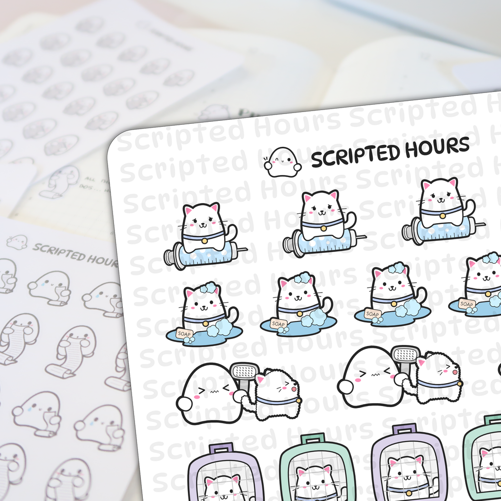 Scripted Hours digital illustration of kawaii white cat and ghost planner stickers showing cats on syringes, in bubbly baths with soap, getting brushed by a ghost, and waving from colorful purple and mint green carriers