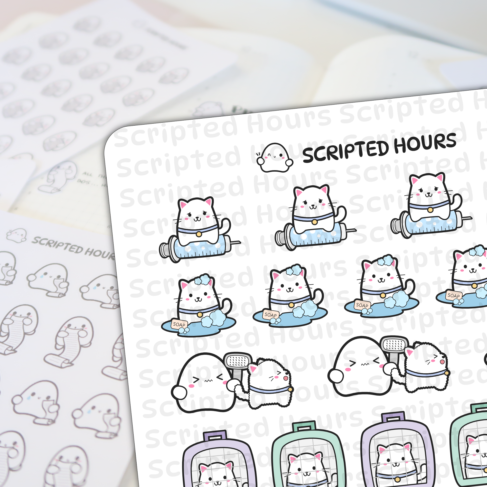 Scripted Hours digital illustration of kawaii white cat and ghost planner stickers showing cats on syringes, in bubbly baths with soap, getting brushed by a ghost, and waving from colorful purple and mint green carriers