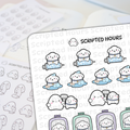 Scripted Hours digital illustration planner stickers featuring white cartoon dogs being given shots in blue syringes, taking bubble baths with soap, and peeking from pastel purple and green pet carriers