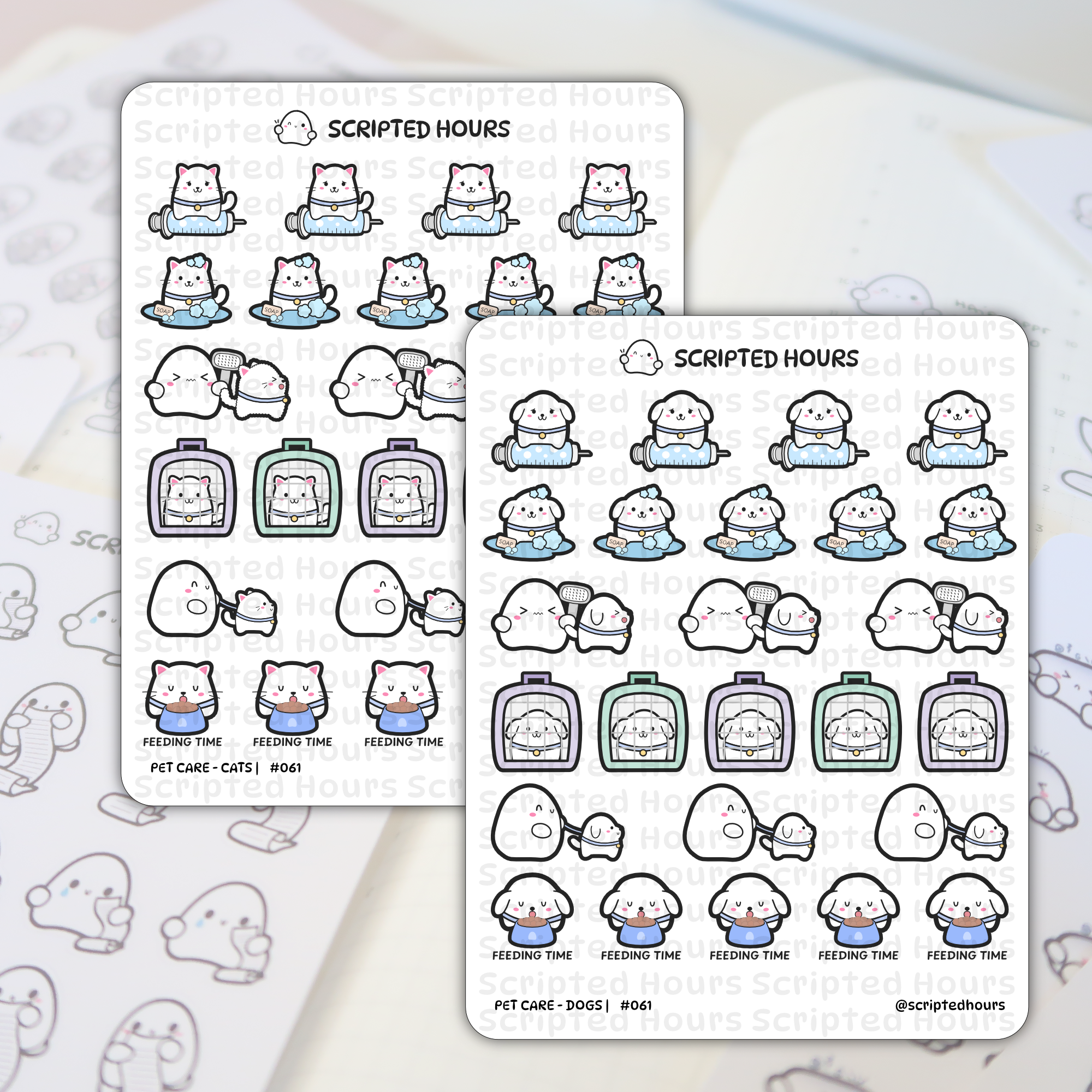 Scripted Hours digital stickers on a light planner page displaying two sheets of pet care illustrations, one for cats and one for dogs, depicting cute white cartoon animals receiving vaccinations, bathing with soap, grooming, traveling in colorful carriers, and eating from food bowls