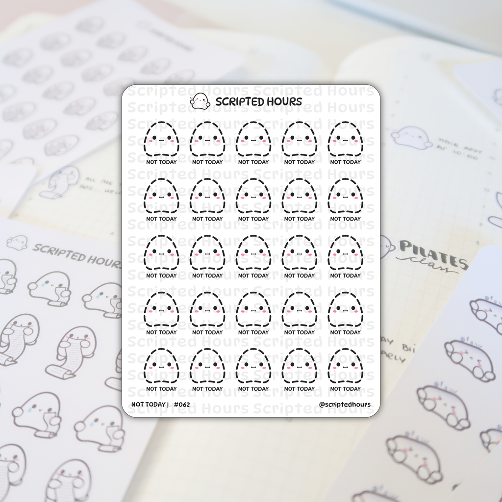 Scripted Hours planner sticker sheet featuring twenty-four "Not Today" ghosts with dashed outlines, small black eyes, and pink blush cheeks, placed on an open planner page showing handwritten "Pilates class" notes and other cute ghost designs holding scrolls