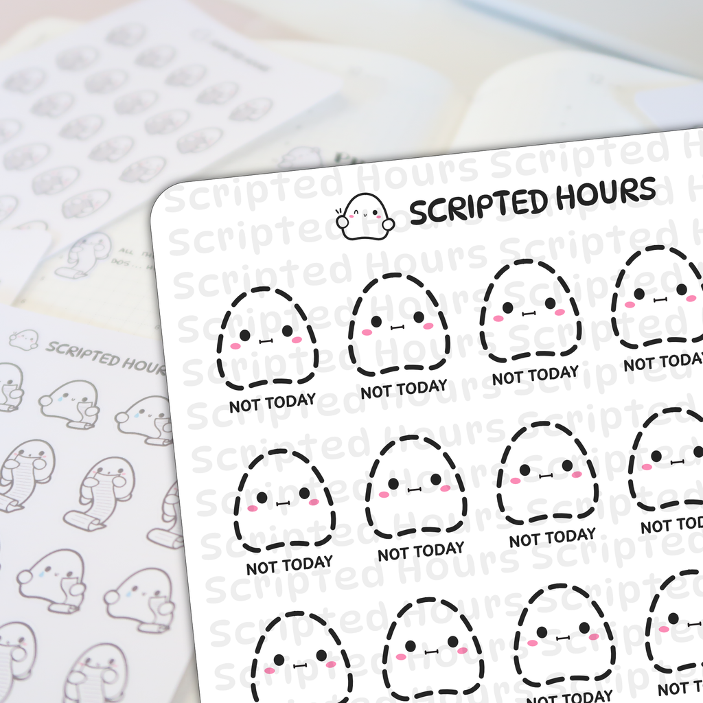Scripted Hours planner stickers show cute white ghost characters outlined with dashes, featuring pink blush and the phrase NOT TODAY, arranged on a sheet with a second blurred sheet of ghosts holding long to-do lists in the background