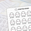 Scripted Hours planner stickers show cute white ghost characters outlined with dashes, featuring pink blush and the phrase NOT TODAY, arranged on a sheet with a second blurred sheet of ghosts holding long to-do lists in the background