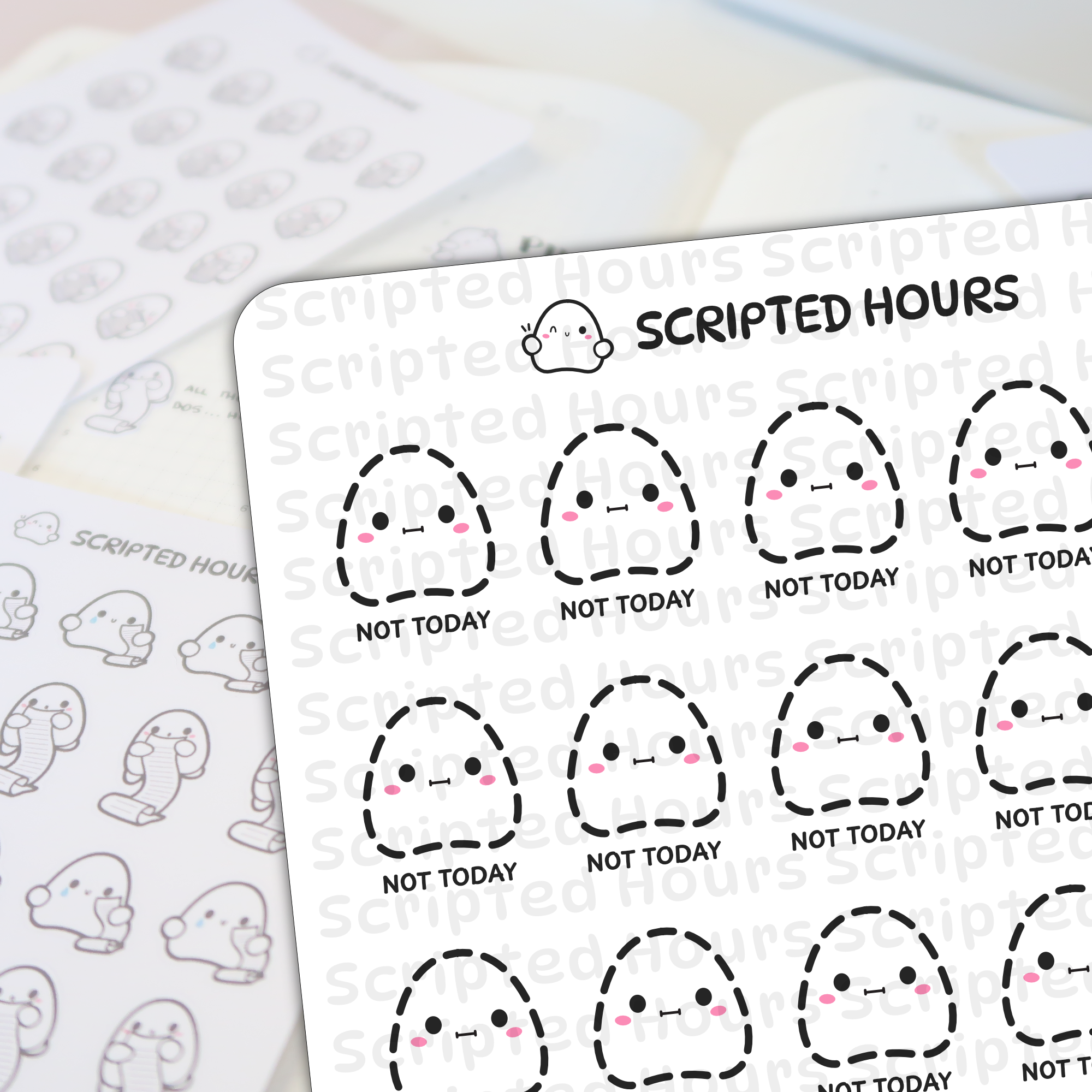 Scripted Hours planner stickers show cute white ghost characters outlined with dashes, featuring pink blush and the phrase NOT TODAY, arranged on a sheet with a second blurred sheet of ghosts holding long to-do lists in the background