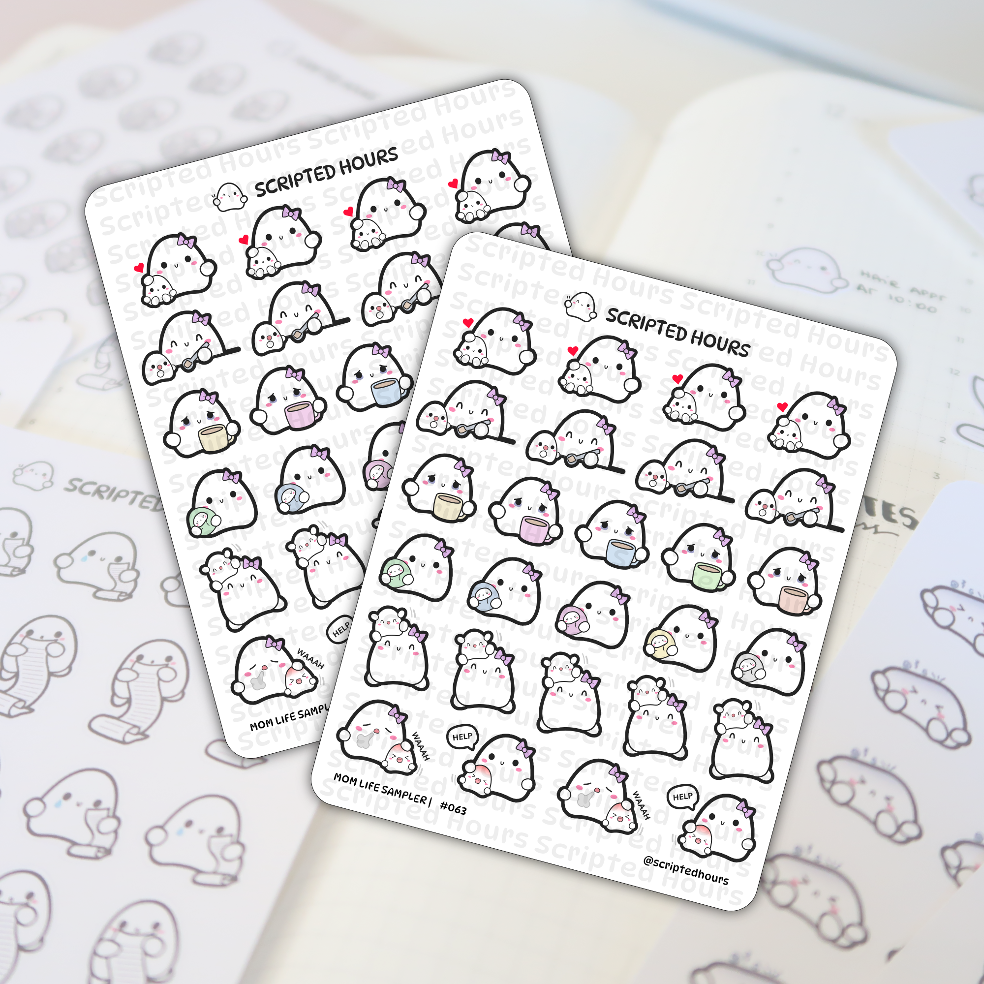 Scripted Hours sticker sheets of Mom Life Sampler #063 planner stickers depicting adorable white ghost characters with pink bows interacting with baby ghosts, many holding colorful pastel mugs or expressing 'WAAAH' with a 'HELP' speech bubble, shown on an open planner