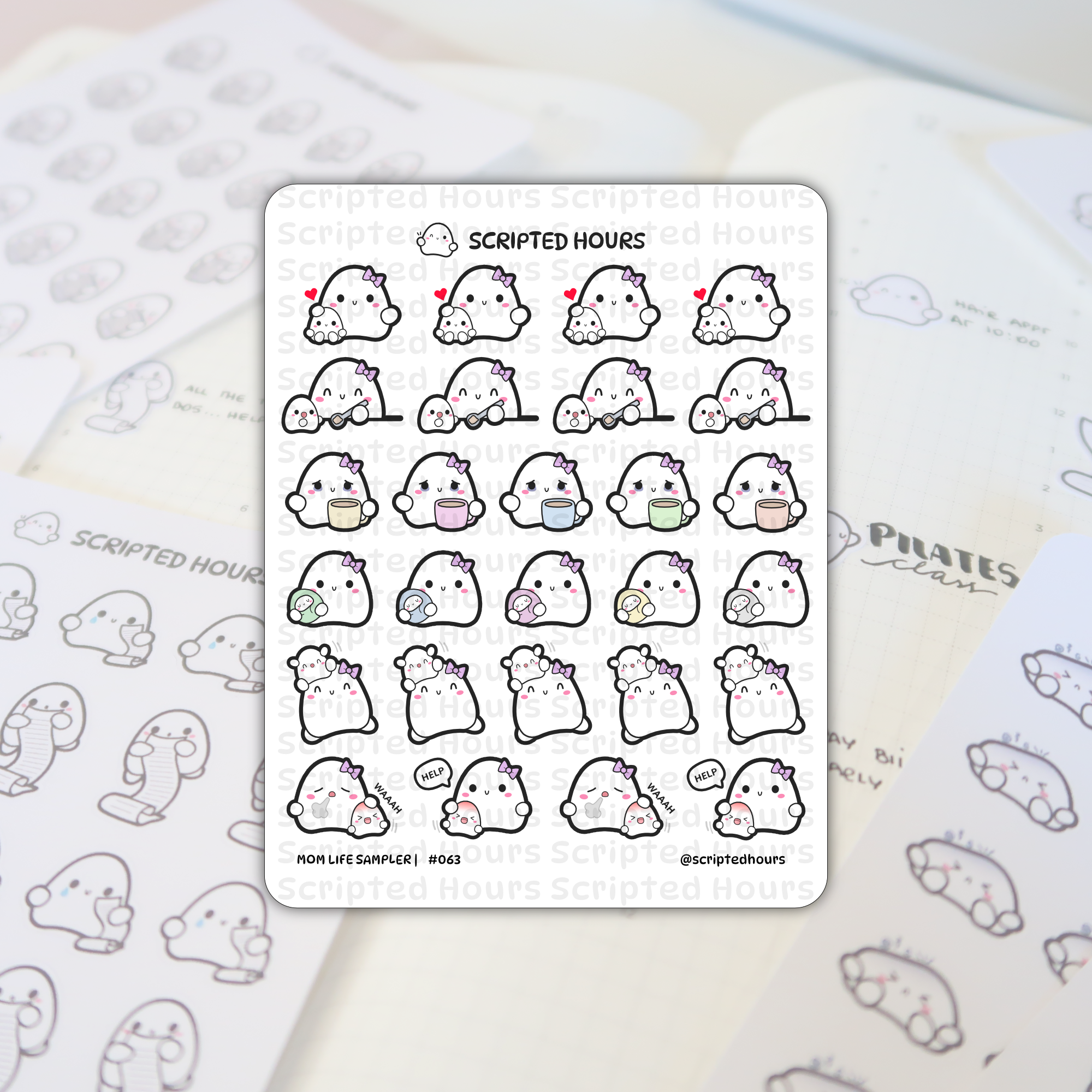 Scripted Hours sticker sheet, Mom Life Sampler #063, displays rows of chibi ghost moms with purple bows and their baby ghosts in relatable scenarios like holding pastel-wrapped infants, drinking coffee, or crying, placed on a white planner page showing 'Pilates class'