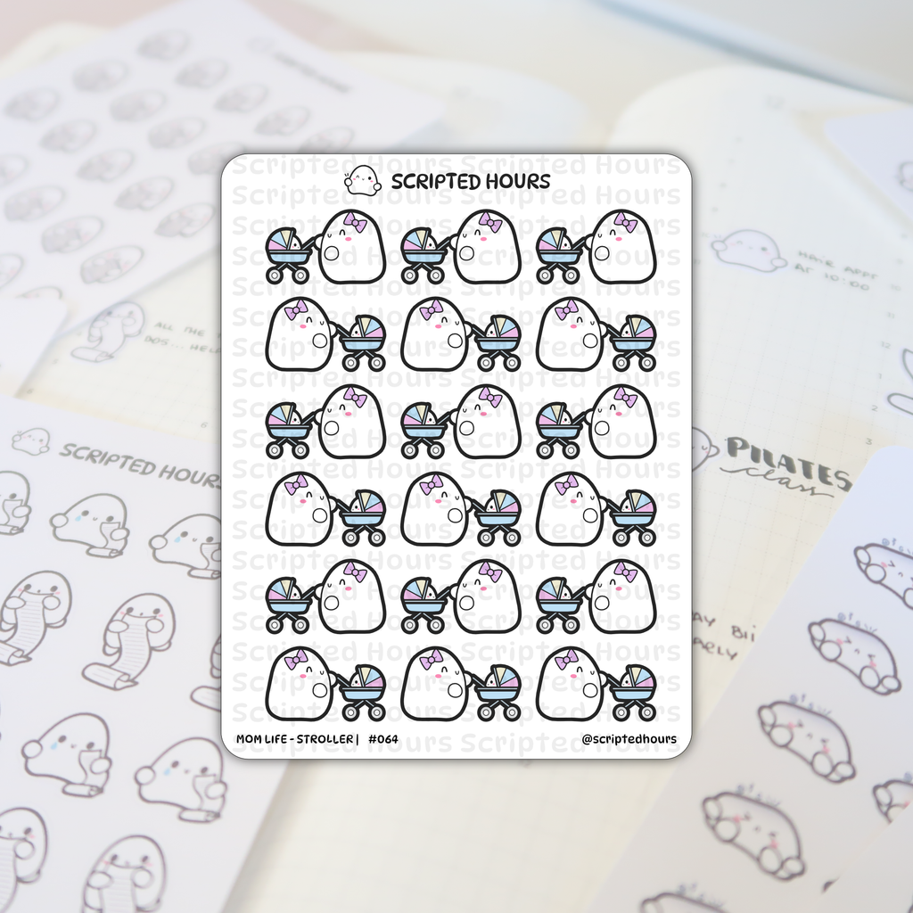 Scripted Hours sticker sheet depicting "Mom Life - Stroller" themed cute white blob characters on a planner surface, each character wearing a pink bow and pushing a pastel multi-colored baby stroller, with faint planner text like "PILATES class" visible in the blurred background