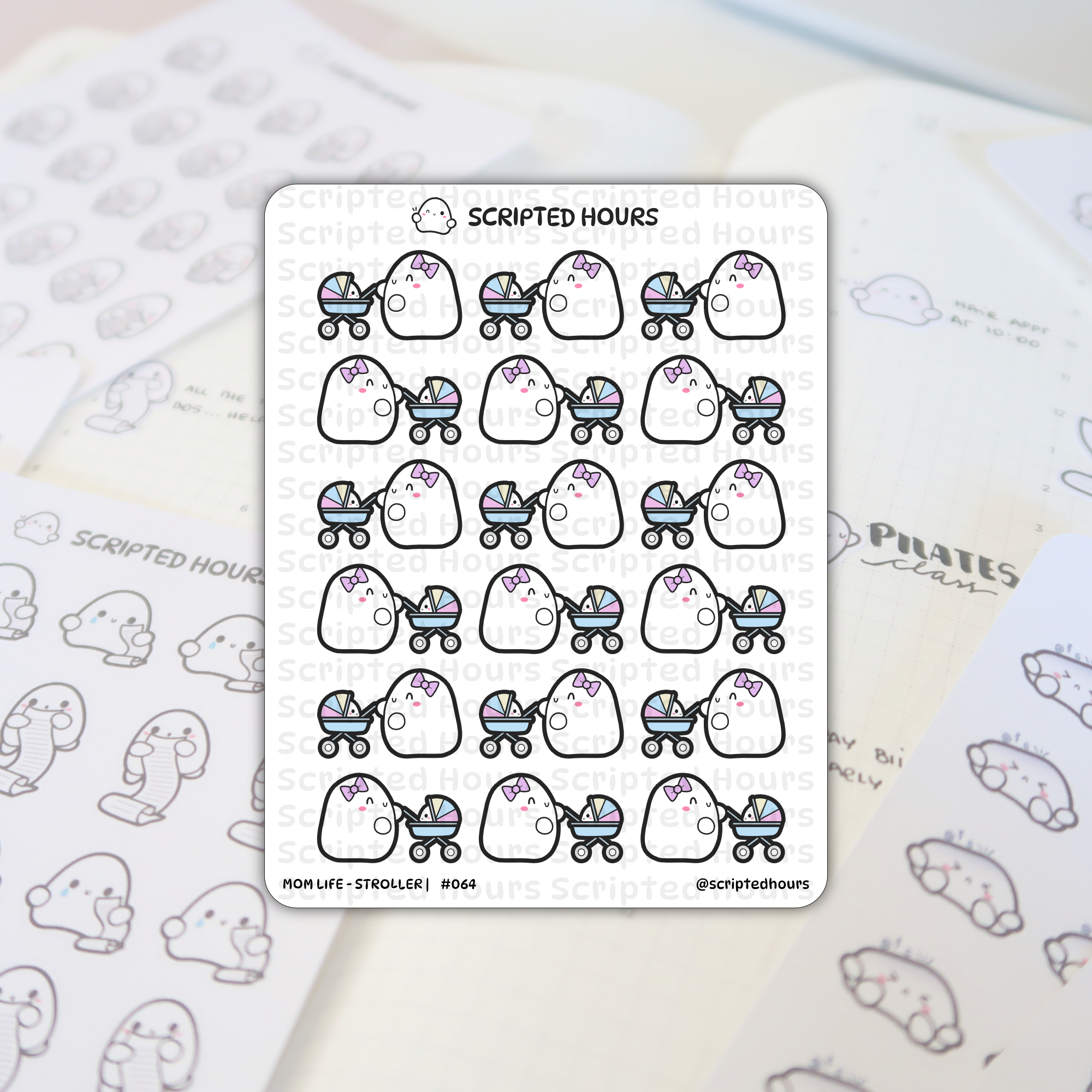 Scripted Hours sticker sheet depicting "Mom Life - Stroller" themed cute white blob characters on a planner surface, each character wearing a pink bow and pushing a pastel multi-colored baby stroller, with faint planner text like "PILATES class" visible in the blurred background
