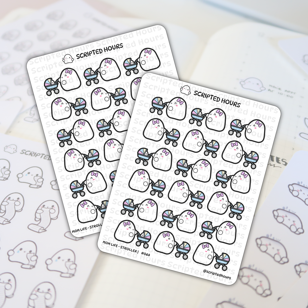 Scripted Hours sticker sheet featuring cute white ghost characters, some with pink bows, pushing blue and pastel rainbow baby strollers on a planner page titled Mom Life - Stroller #064