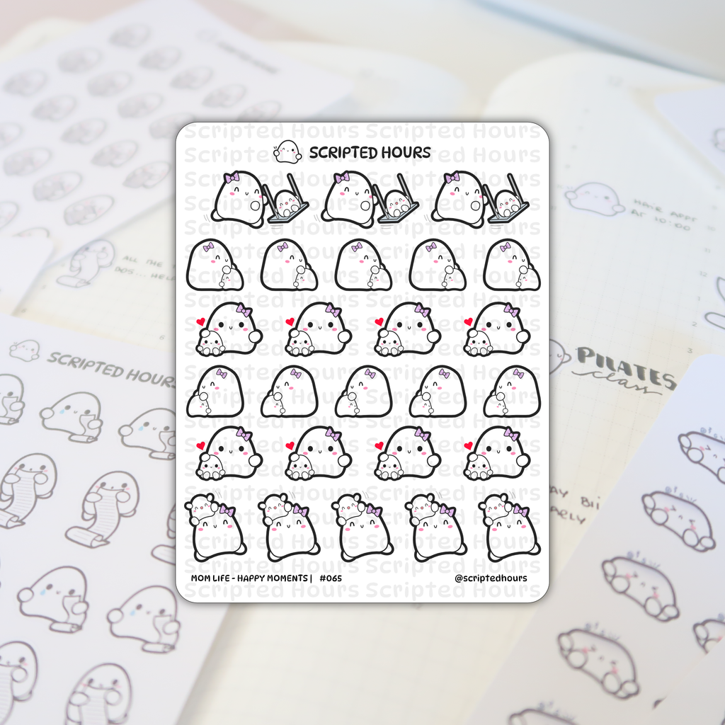 Scripted Hours vinyl planner stickers showcasing white ghost-like mom and baby characters with purple bows and red hearts from the Mom Life - Happy Moments collection, placed on an open grid-lined planner with handwritten notes