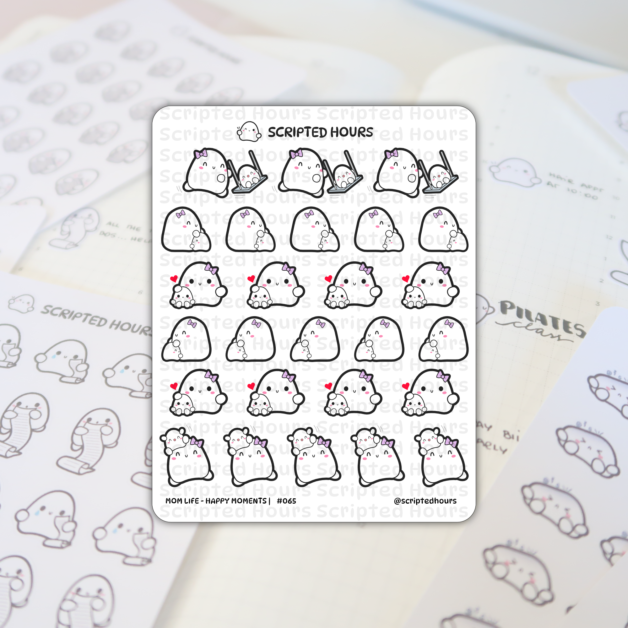 Scripted Hours vinyl planner stickers showcasing white ghost-like mom and baby characters with purple bows and red hearts from the Mom Life - Happy Moments collection, placed on an open grid-lined planner with handwritten notes