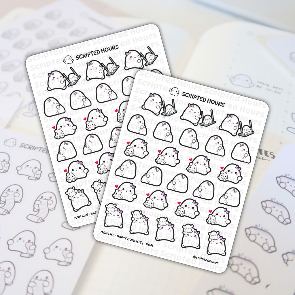 Scripted Hours 'Mom Life - Happy Moments' #065 planner sticker sheets featuring adorable white ghost-like characters with pink bows and red hearts depicting various maternal activities with smaller baby characters against a blurred planner background