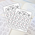 Scripted Hours 'Mom Life - Happy Moments' #065 planner sticker sheets featuring adorable white ghost-like characters with pink bows and red hearts depicting various maternal activities with smaller baby characters against a blurred planner background