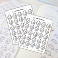 Scripted Hours sticker sheets feature an array of cute white ghost-like characters with pink cheeks and bows, each clutching pastel coffee cups and captioned with phrases like #EXHAUSTED WHO NEEDS SLEEP or POWERED BY COFFEE, laid on a planner page with the sheet's title MOM LIFE - NO SLEEP #066