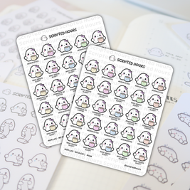 Scripted Hours sticker sheets feature an array of cute white ghost-like characters with pink cheeks and bows, each clutching pastel coffee cups and captioned with phrases like #EXHAUSTED WHO NEEDS SLEEP or POWERED BY COFFEE, laid on a planner page with the sheet's title MOM LIFE - NO SLEEP #066