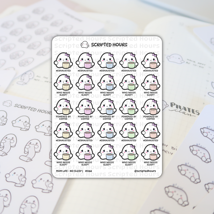 Sticker sheet by Scripted Hours featuring Mom Life - No Sleep planner stickers with rows of cute white ghost characters wearing bows and holding pastel coffee mugs, displaying phrases like #EXHAUSTED, WHO NEEDS SLEEP, and POWERED BY COFFEE, set against a planner page faintly showing 