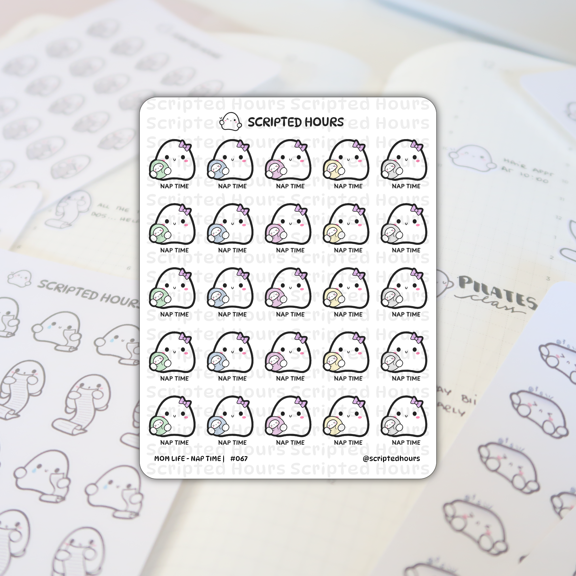 Scripted Hours sticker sheet with Mom Life - Nap Time planner stickers featuring cute white ghost-like characters wearing pink bows, each holding a swaddled baby in pastel blankets of green, blue, pink, and yellow, displayed on a blurred planner page with faint handwritten notes