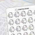 Scripted Hours brand sticker sheet featuring white ghost characters wearing purple bows, each holding a swaddled baby ghost in mint green, light blue, pink, or yellow blankets with "NAP TIME" text