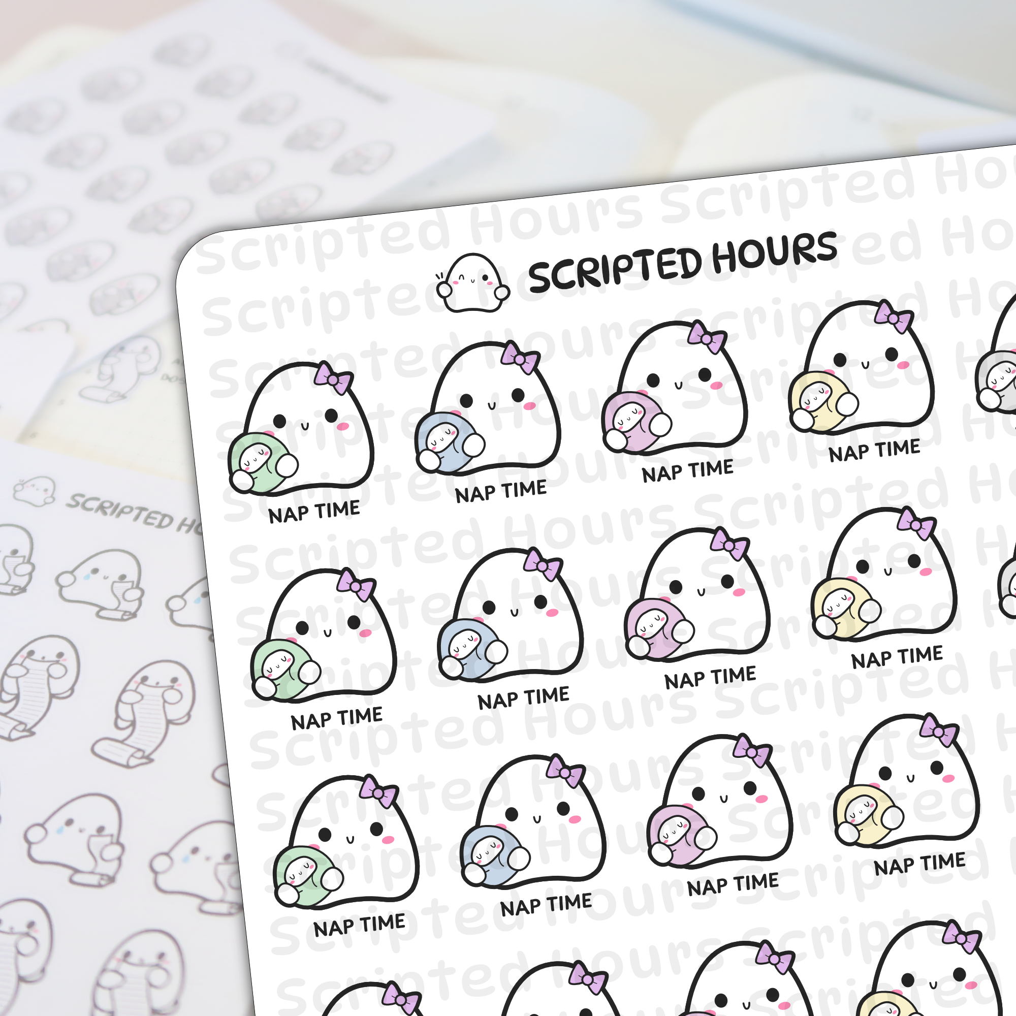 Scripted Hours brand sticker sheet featuring white ghost characters wearing purple bows, each holding a swaddled baby ghost in mint green, light blue, pink, or yellow blankets with "NAP TIME" text