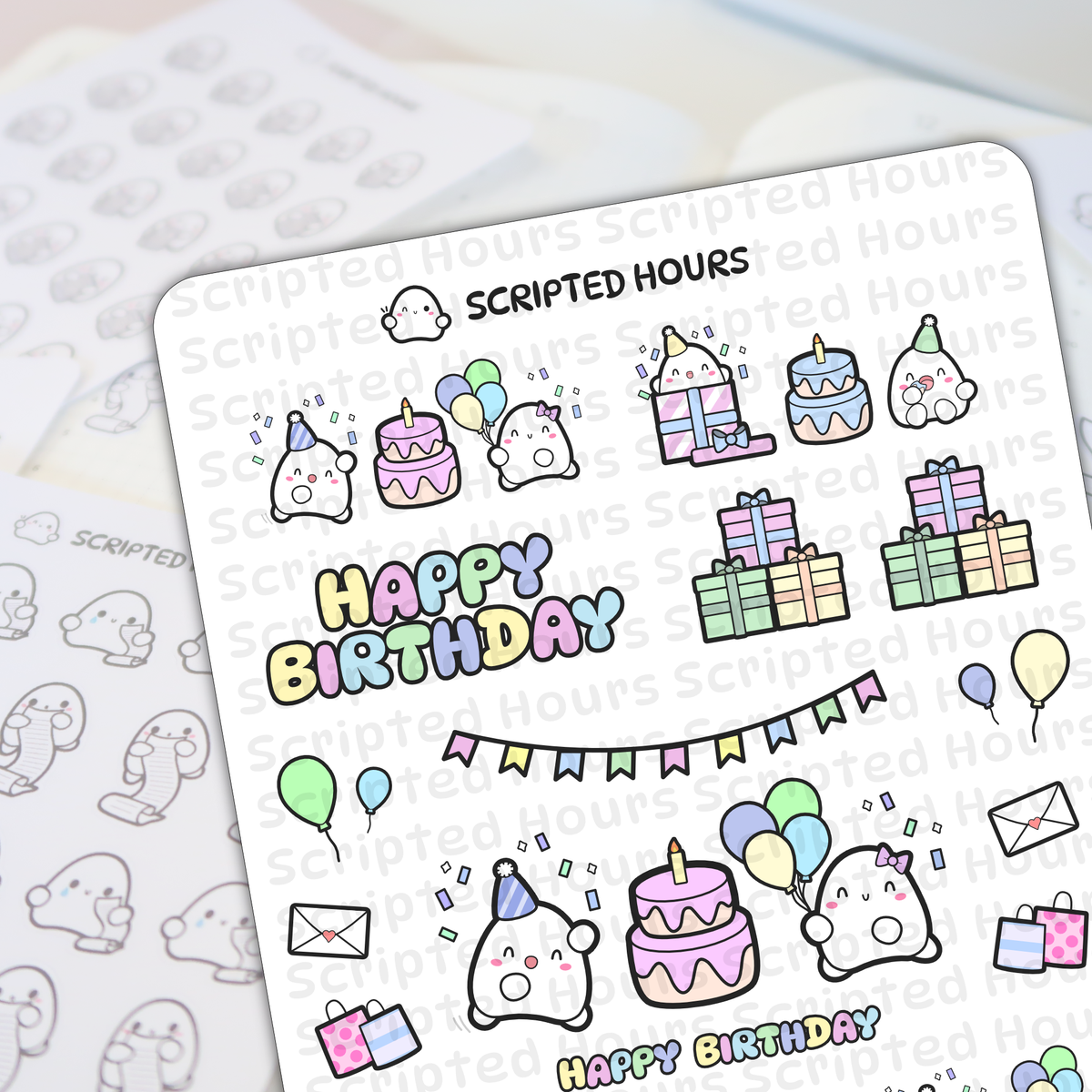 Scripted Hours vinyl sticker sheet with cute ghost characters celebrating Happy Birthday, featuring pastel cakes, wrapped gifts, balloons, party hats, and a colorful 