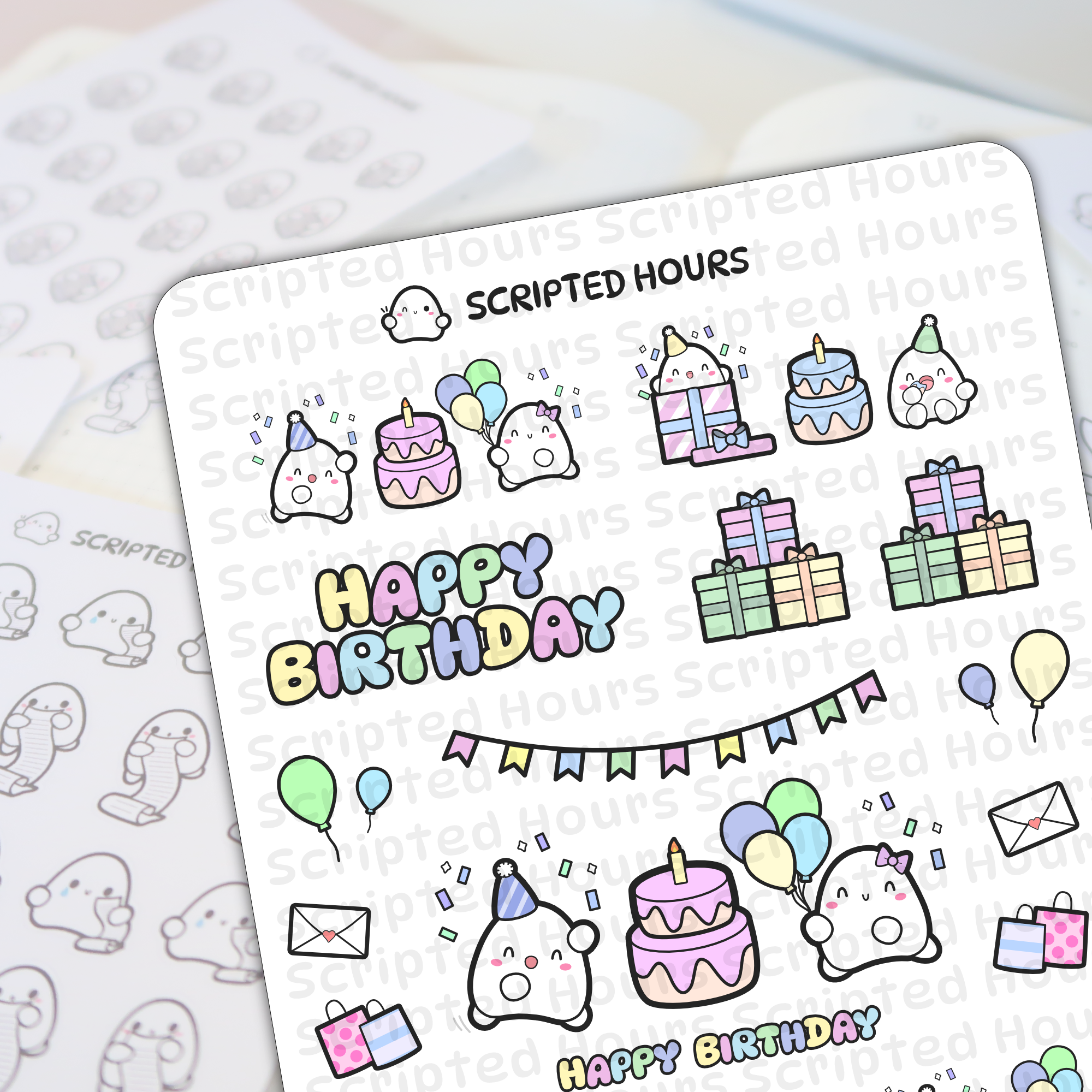 Scripted Hours vinyl sticker sheet with cute ghost characters celebrating Happy Birthday, featuring pastel cakes, wrapped gifts, balloons, party hats, and a colorful "Happy Birthday" text banner on a white background
