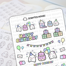 Scripted Hours vinyl sticker sheet with cute ghost characters celebrating Happy Birthday, featuring pastel cakes, wrapped gifts, balloons, party hats, and a colorful "Happy Birthday" text banner on a white background