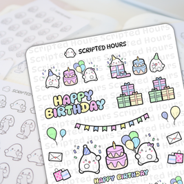 Scripted Hours vinyl sticker sheet with cute ghost characters celebrating Happy Birthday, featuring pastel cakes, wrapped gifts, balloons, party hats, and a colorful 