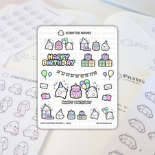 Scripted Hours 'Happy Birthday Blobby' sticker sheet featuring cute blob characters celebrating with pastel birthday cakes, gift boxes, and colorful balloons on an open planner page