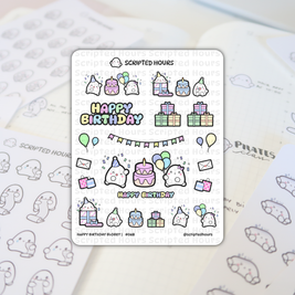 Scripted Hours 'Happy Birthday Blobby' sticker sheet featuring cute blob characters celebrating with pastel birthday cakes, gift boxes, and colorful balloons on an open planner page