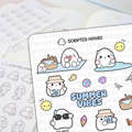 Digital art by Scripted Hours depicting cute white ghost-like characters enjoying various summer activities including picnicking on a blue and white blanket taking photos and eating pink ice cream accompanied by a colorful beach ball an angry yellow sun a red crab and the text SUMMER VIBES