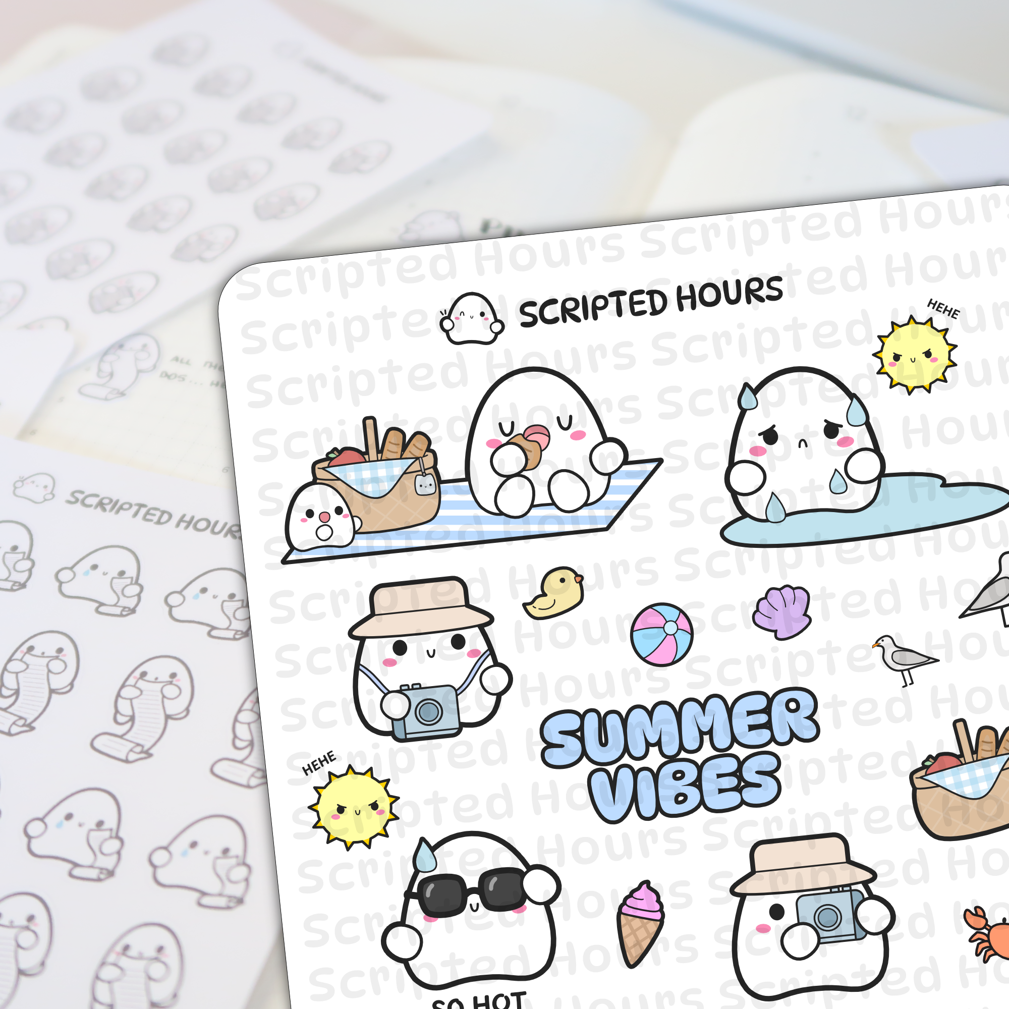 Digital art by Scripted Hours depicting cute white ghost-like characters enjoying various summer activities including picnicking on a blue and white blanket taking photos and eating pink ice cream accompanied by a colorful beach ball an angry yellow sun a red crab and the text SUMMER VIBES