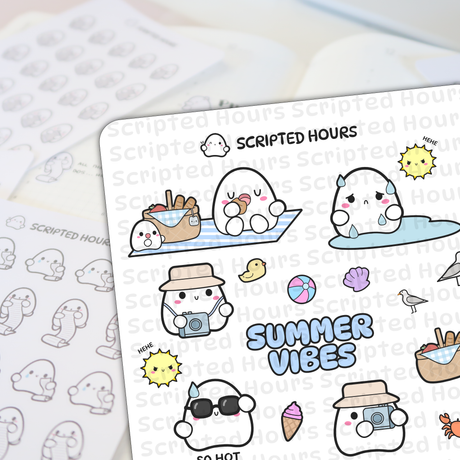 Digital art by Scripted Hours depicting cute white ghost-like characters enjoying various summer activities including picnicking on a blue and white blanket taking photos and eating pink ice cream accompanied by a colorful beach ball an angry yellow sun a red crab and the text SUMMER VIBES