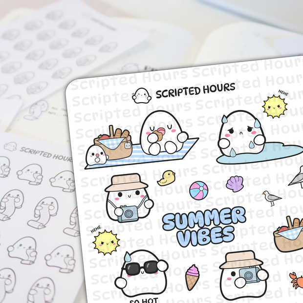 Digital art by Scripted Hours depicting cute white ghost-like characters enjoying various summer activities including picnicking on a blue and white blanket taking photos and eating pink ice cream accompanied by a colorful beach ball an angry yellow sun a red crab and the text SUMMER VIBES