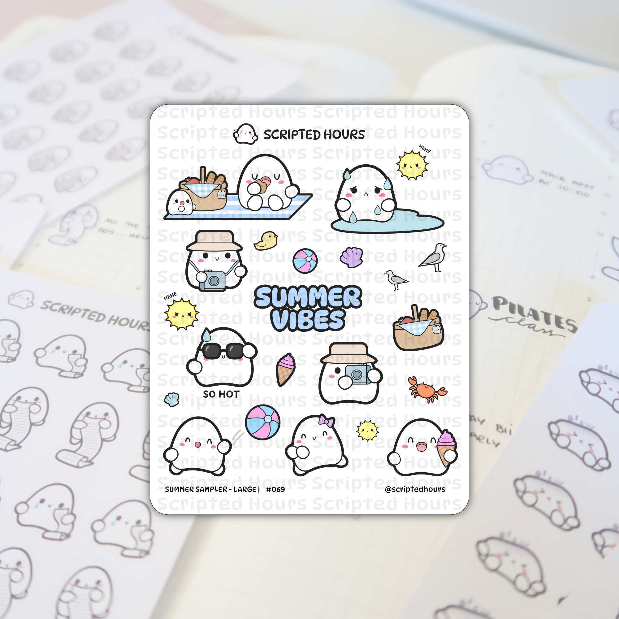 Sticker sheet by Scripted Hours displaying white blob characters engaged in various summer activities, featuring a smiling sun, a character with sunglasses, and a "Summer Vibes" title