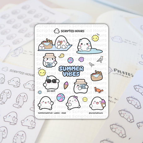 Sticker sheet by Scripted Hours displaying white blob characters engaged in various summer activities, featuring a smiling sun, a character with sunglasses, and a "Summer Vibes" title