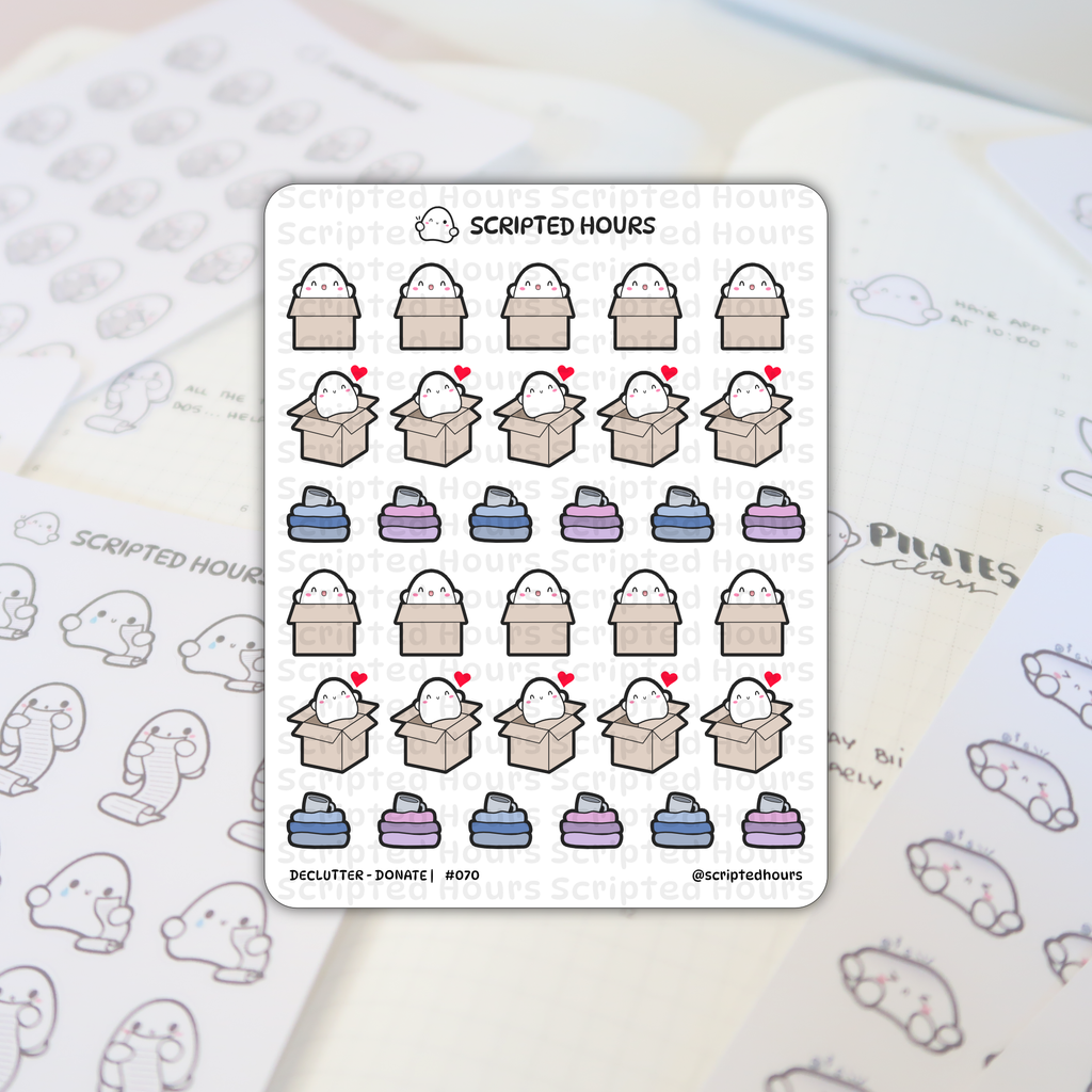 Scripted Hours sticker sheet displaying cute ghost-like characters on a planner background featuring happy characters in cardboard boxes with red hearts and stacks of blue and purple folded laundry