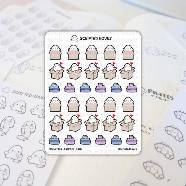Scripted Hours sticker sheet displaying cute ghost-like characters on a planner background featuring happy characters in cardboard boxes with red hearts and stacks of blue and purple folded laundry