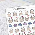 Digital illustrations by Scripted Hours featuring adorable white blob characters on sticker sheets, many peeking from cardboard boxes with tiny red hearts, others as stacks of blue and pink folded laundry with coffee cups, and a blurred background sheet showing characters holding long lists