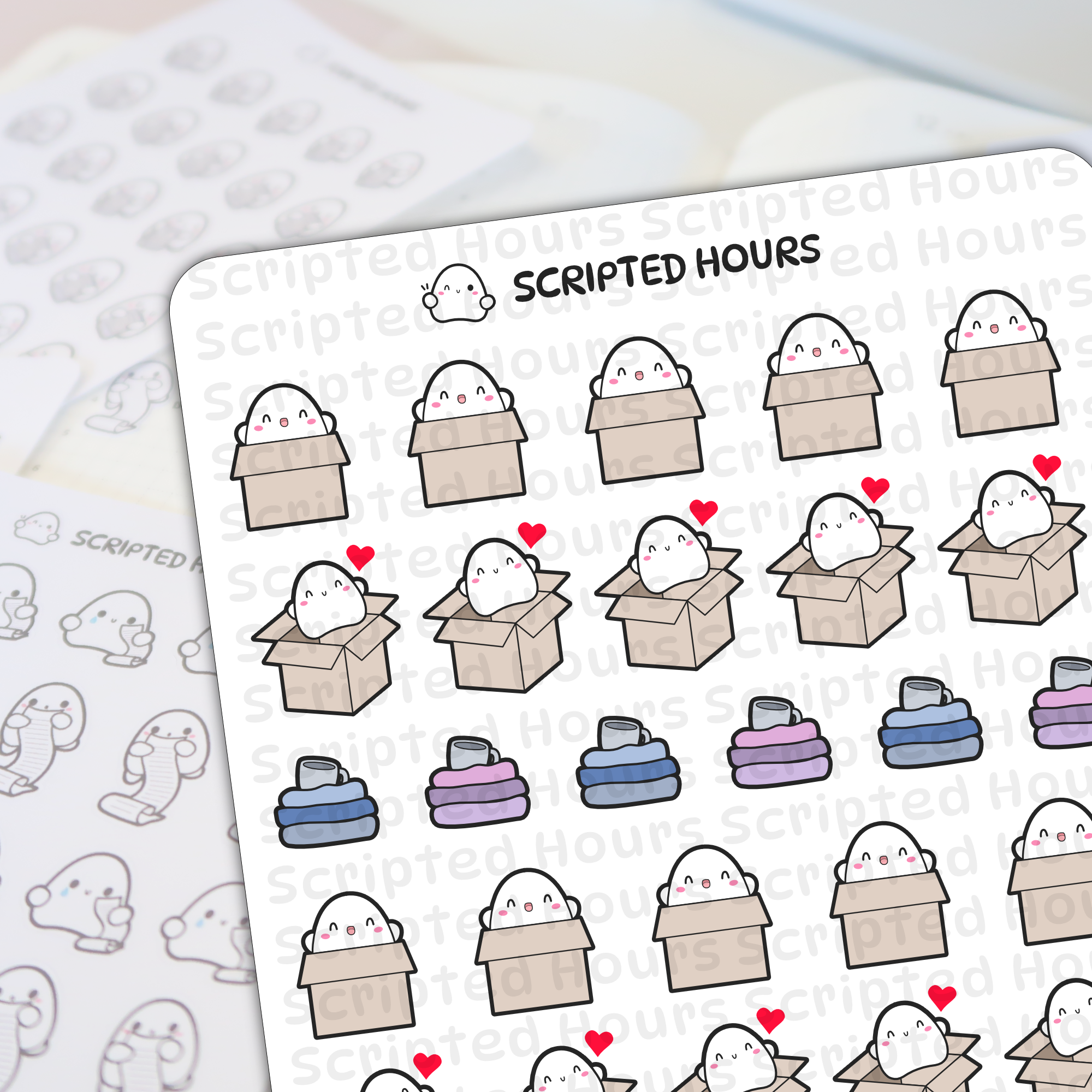 Digital illustrations by Scripted Hours featuring adorable white blob characters on sticker sheets, many peeking from cardboard boxes with tiny red hearts, others as stacks of blue and pink folded laundry with coffee cups, and a blurred background sheet showing characters holding long lists