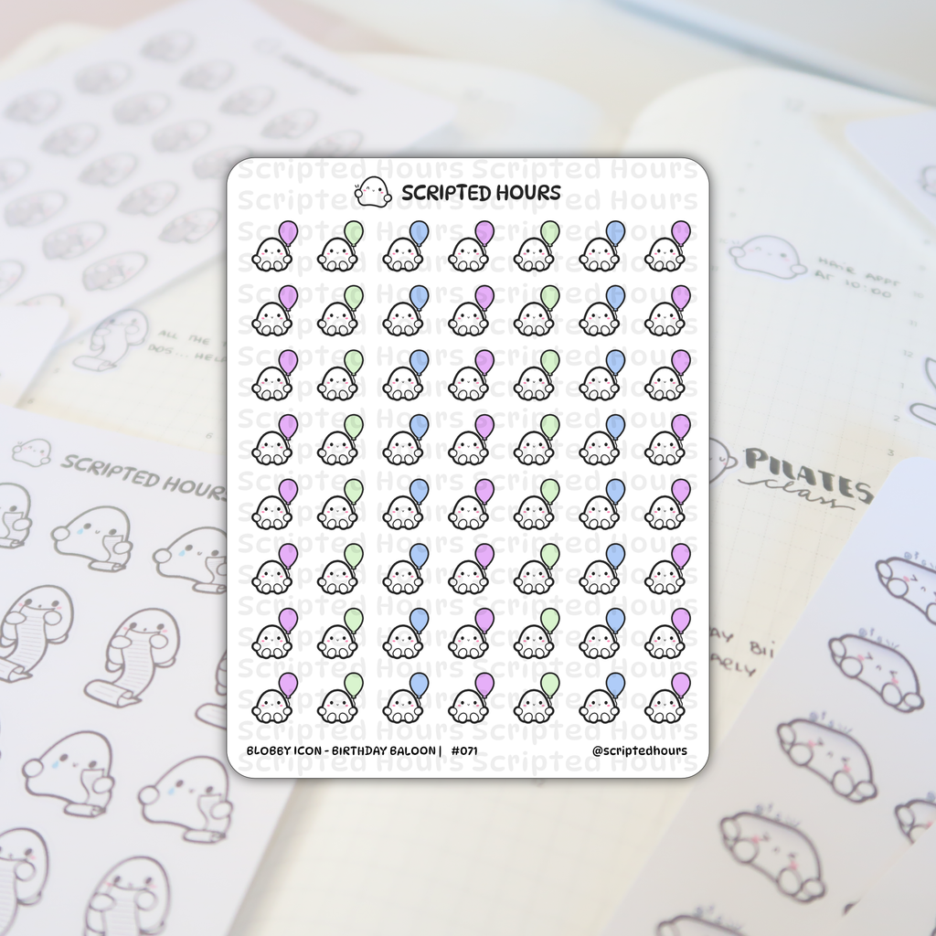 Sticker sheet by Scripted Hours featuring numerous cute white Blobby characters holding pastel purple, blue, and green balloons, set against a grid-lined planner with "PILATES class" text visible