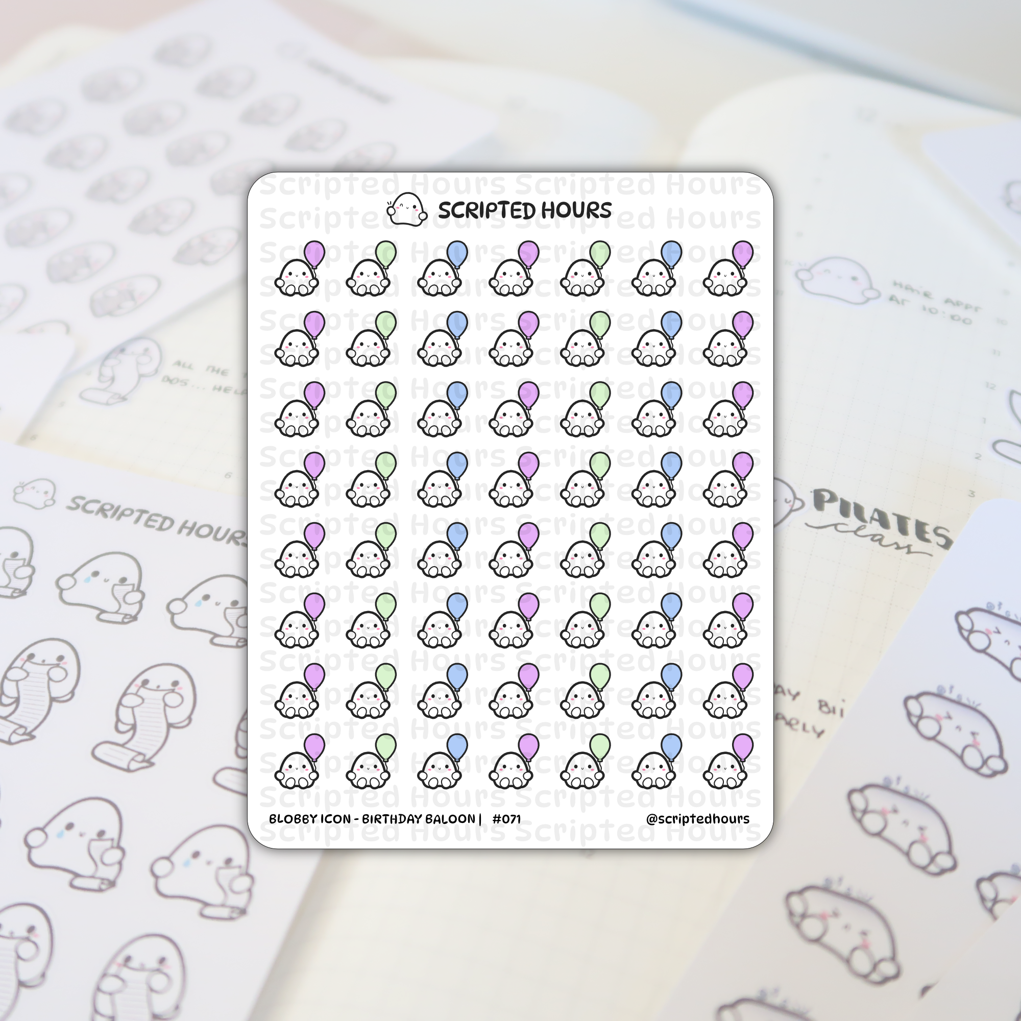 Sticker sheet by Scripted Hours featuring numerous cute white Blobby characters holding pastel purple, blue, and green balloons, set against a grid-lined planner with "PILATES class" text visible