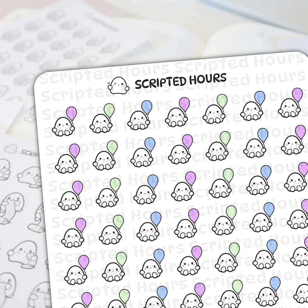 Scripted Hours digital sticker sheet featuring rows of cute white blob characters with smiling faces and pink cheeks, each holding a pastel pink, blue, or green balloon