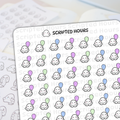 Scripted Hours digital sticker sheet featuring rows of cute white blob characters with smiling faces and pink cheeks, each holding a pastel pink, blue, or green balloon