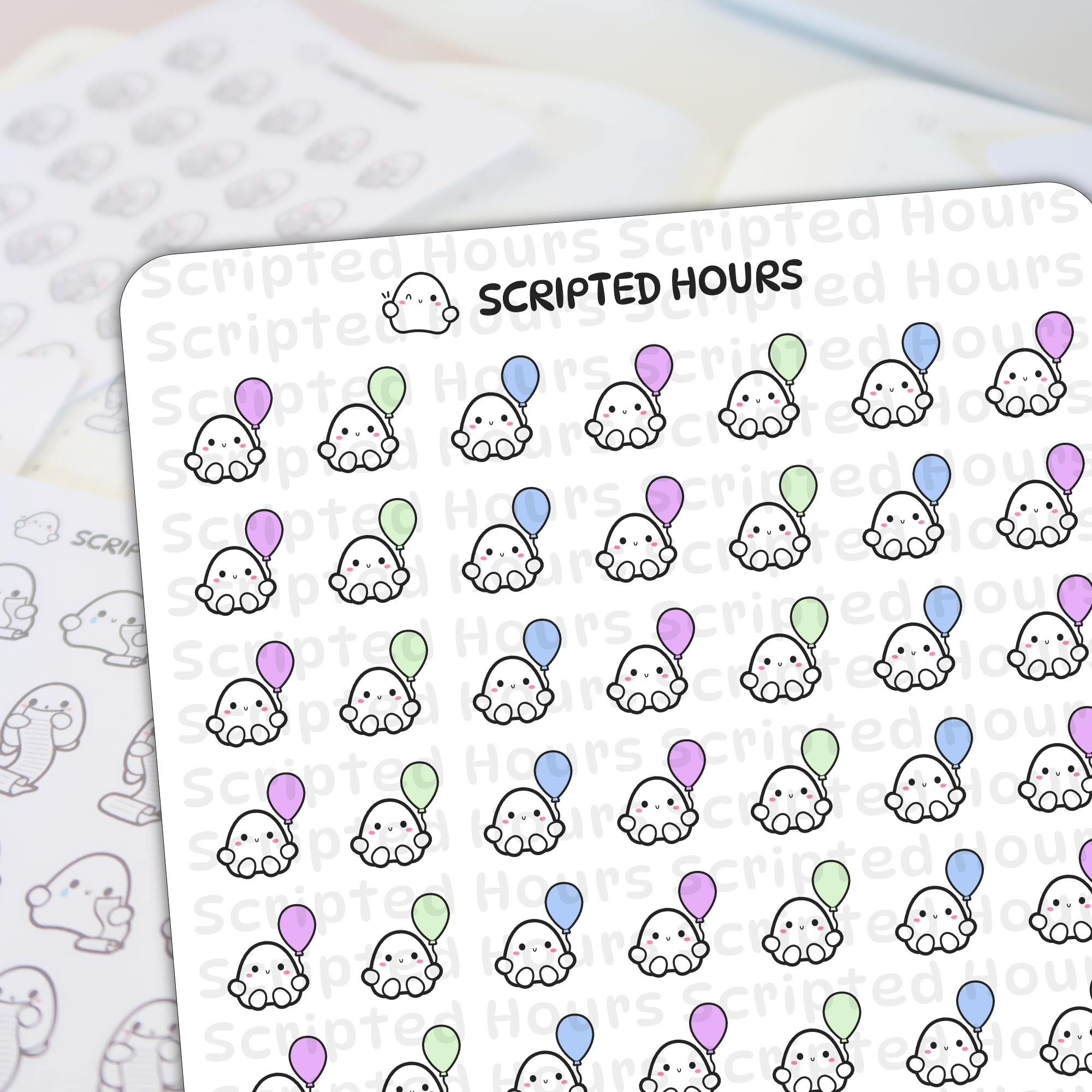 Scripted Hours digital sticker sheet featuring rows of cute white blob characters with smiling faces and pink cheeks, each holding a pastel pink, blue, or green balloon
