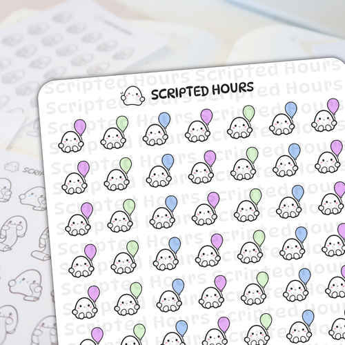 Scripted Hours digital sticker sheet featuring rows of cute white blob characters with smiling faces and pink cheeks, each holding a pastel pink, blue, or green balloon