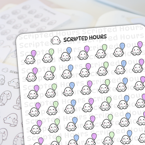 Scripted Hours digital sticker sheet featuring rows of cute white blob characters with smiling faces and pink cheeks, each holding a pastel pink, blue, or green balloon