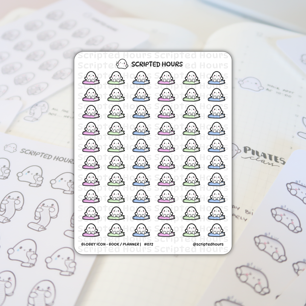 Scripted Hours sticker sheet featuring rows of cheerful Blobby icon characters sitting on pastel pink, green, and blue books, displayed on a grid-lined planner containing handwritten text