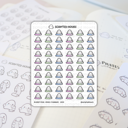 Scripted Hours sticker sheet featuring rows of cheerful Blobby icon characters sitting on pastel pink, green, and blue books, displayed on a grid-lined planner containing handwritten text